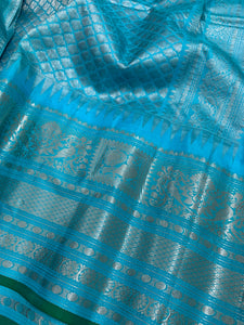 Lavender and Cyan Gadwal Silk Saree with Silver Zari