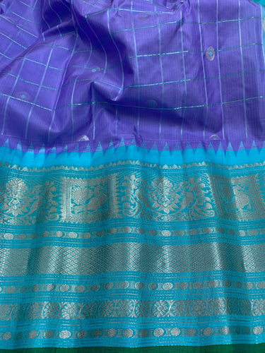 Lavender and Cyan Gadwal Silk Saree with Silver Zari