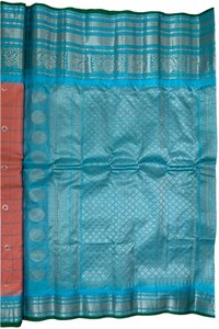 Peach and Cyan Gadwal Silk Saree with Silver Zari