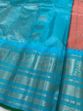 Load image into Gallery viewer, Peach and Cyan Gadwal Silk Saree with Silver Zari