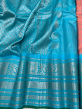 Load image into Gallery viewer, Peach and Cyan Gadwal Silk Saree with Silver Zari