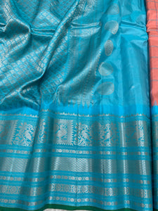 Peach and Cyan Gadwal Silk Saree with Silver Zari