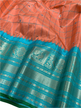 Load image into Gallery viewer, Peach and Cyan Gadwal Silk Saree with Silver Zari