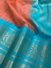 Load image into Gallery viewer, Peach and Cyan Gadwal Silk Saree with Silver Zari