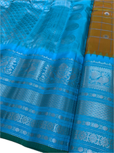 Load image into Gallery viewer, Orange and Cyan Gadwal Silk Saree with Silver Zari