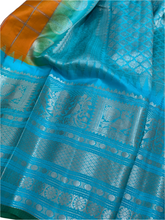 Load image into Gallery viewer, Orange and Cyan Gadwal Silk Saree with Silver Zari