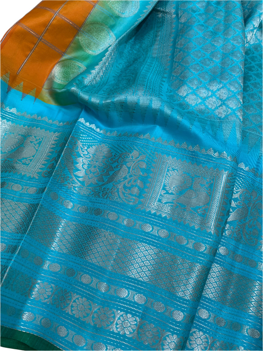 Orange and Cyan Gadwal Silk Saree with Silver Zari