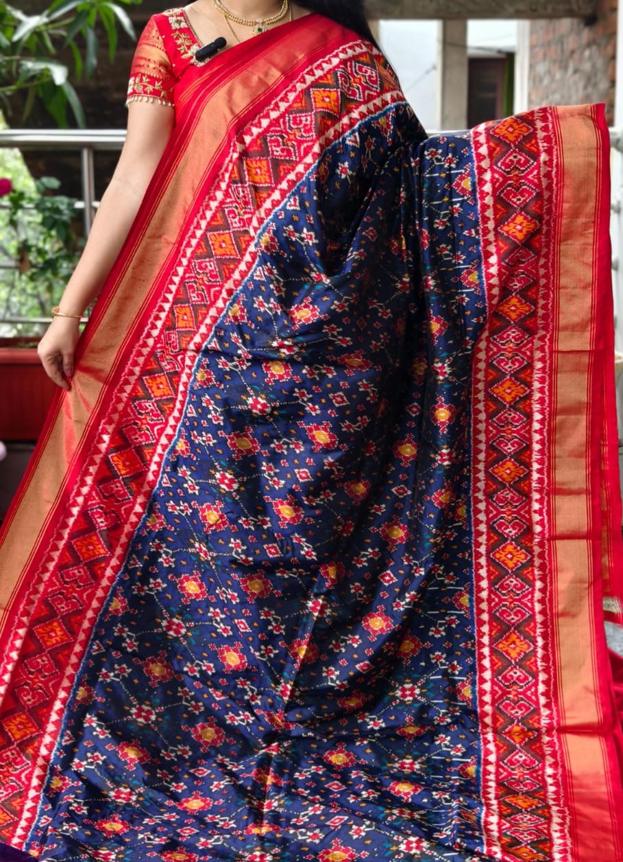 Navy Blue Pochampally Ikat Silk Saree with Double Border