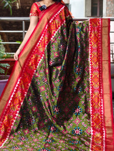 Dung Green Pochampally Ikat Silk Saree with Double Border