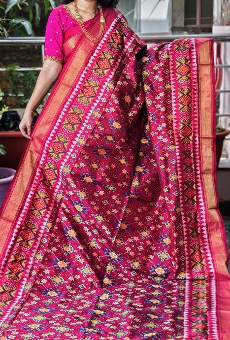 Rani Pink Pochampally Ikat Silk Saree with Double Border