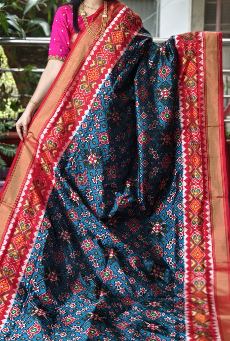 Cobalt Blue Pochampally Ikat Silk Saree with Double Border