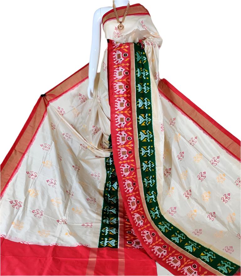 Off-White Pochampally Ikat Silk Saree with Double Border