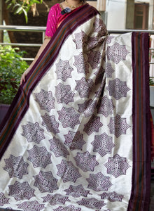 Wine Purple and White Pochampally Ikat Silk Saree with Plain Border