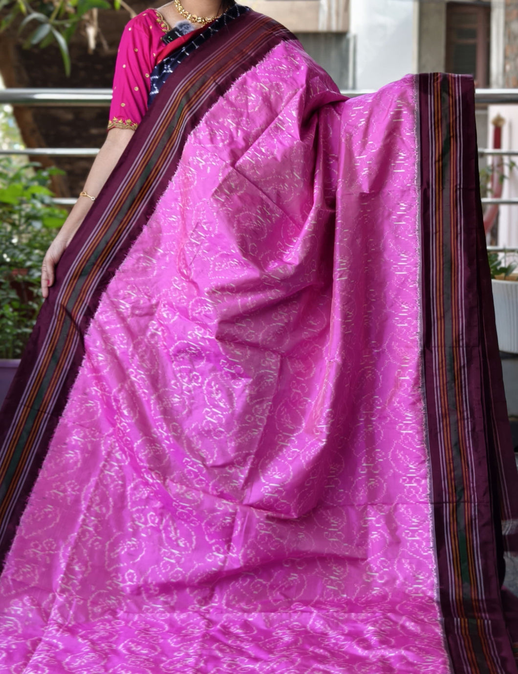 Barbie Pink Pochampally Ikat Silk Saree with Striped Border