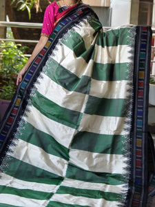 Emerald Green and White Pochampally Ikat Silk Saree with Mulitcolor Border