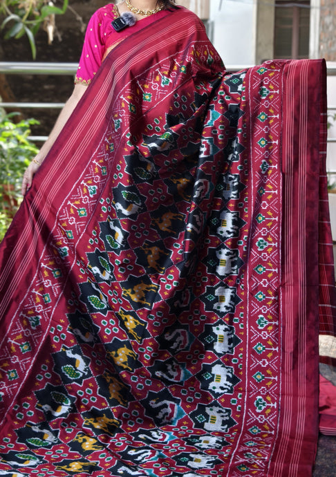 Maroon Red Pochampally Ikat Silk Saree with Double Border