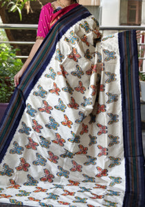 Butterfly Motifs Pochampally Ikat Silk Saree with Striped Border