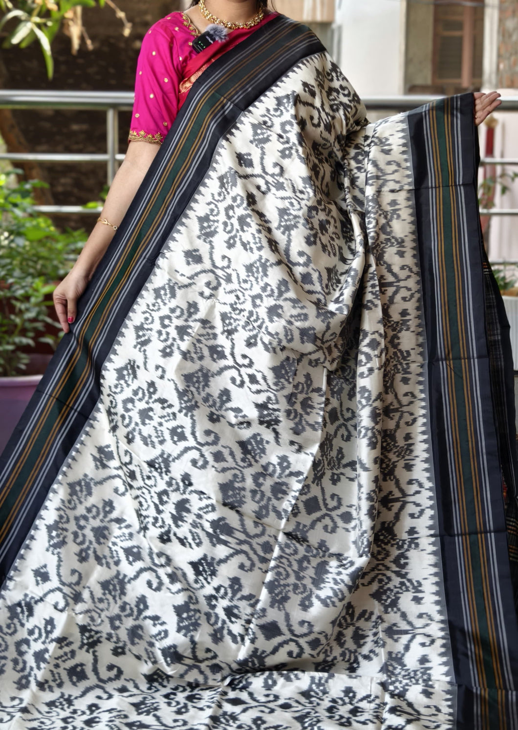 Black and White Pochampally Ikat Silk Saree with Striped Border