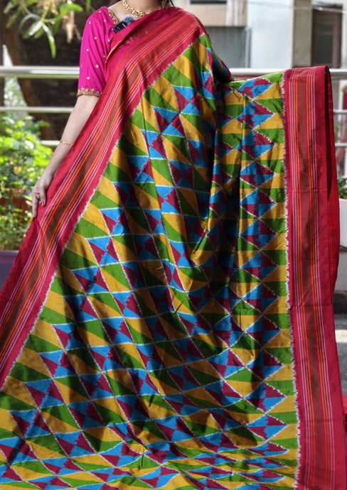 Multicolor Pochampally Ikat Silk Saree with Striped Border