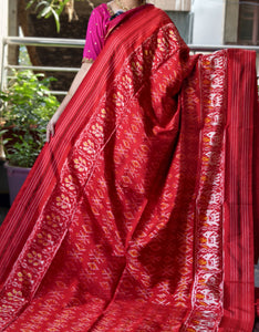 Chili Red Pochampally Ikat Silk Saree with Double Border