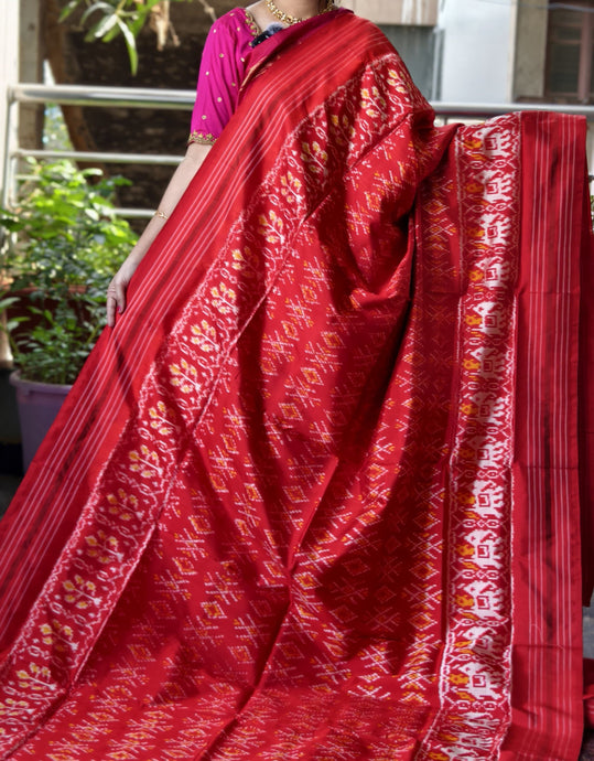 Chili Red Pochampally Ikat Silk Saree with Double Border