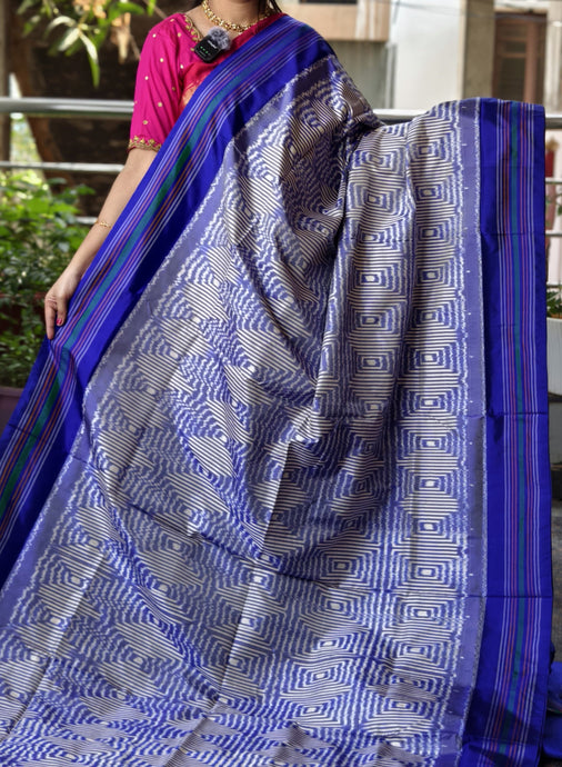 Indigo Blue Pochampally Ikat Silk Saree with Striped Border