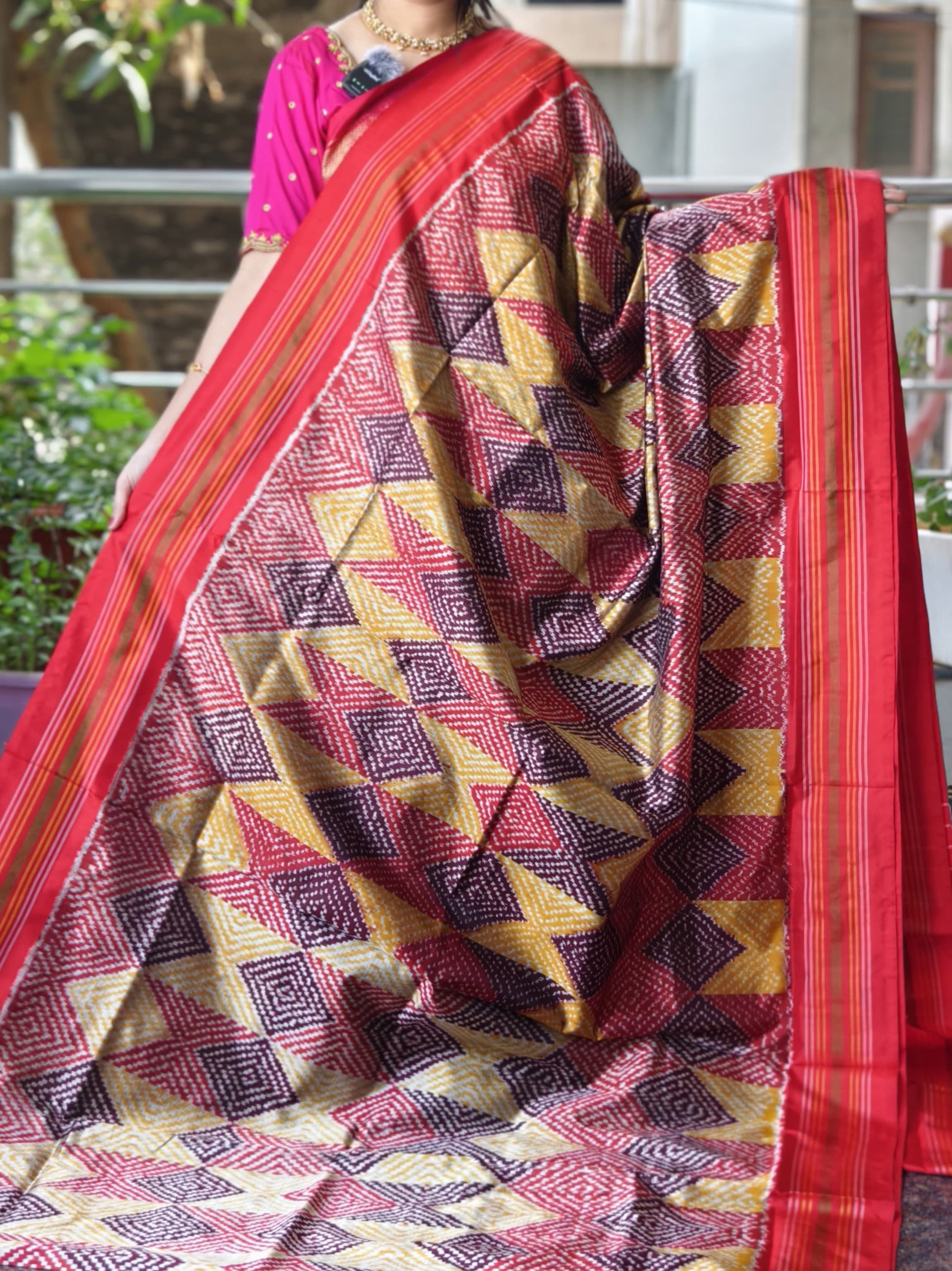 Multicolor Geometric Pattern Pochampally Ikat Silk Saree with Striped Border