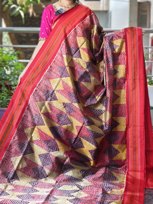 Multicolor Geometric Pattern Pochampally Ikat Silk Saree with Striped Border