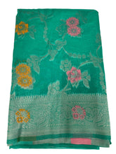 Load image into Gallery viewer, Parrot Green Floral Faux Organza Silk Saree