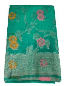 Parrot Green Floral Faux Organza Silk Saree