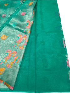 Parrot Green Floral Faux Organza Silk Saree