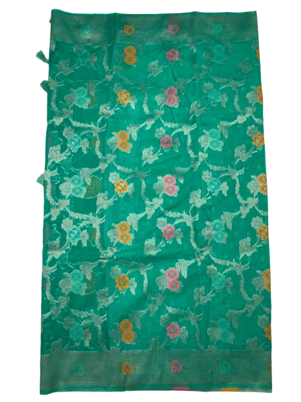 Parrot Green Floral Faux Organza Silk Saree