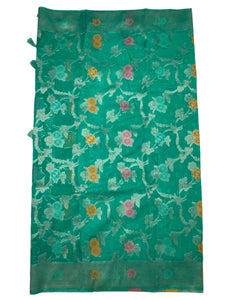 Parrot Green Floral Faux Organza Silk Saree