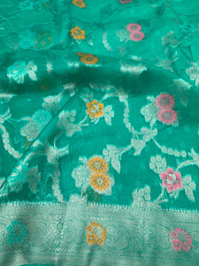 Parrot Green Floral Faux Organza Silk Saree