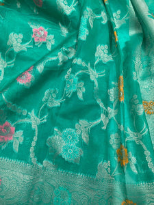 Parrot Green Floral Faux Organza Silk Saree