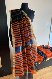 Orange and Black Odisha Ikat Cotton Silk Saree