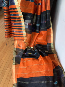 Orange and Black Odisha Ikat Cotton Silk Saree