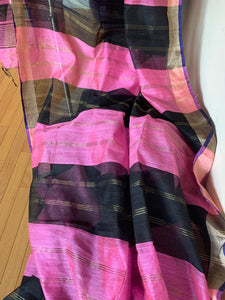 Rose Pink and Black Odisha Ikat Cotton Silk Saree