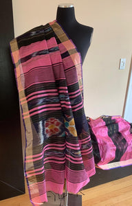 Rose Pink and Black Odisha Ikat Cotton Silk Saree