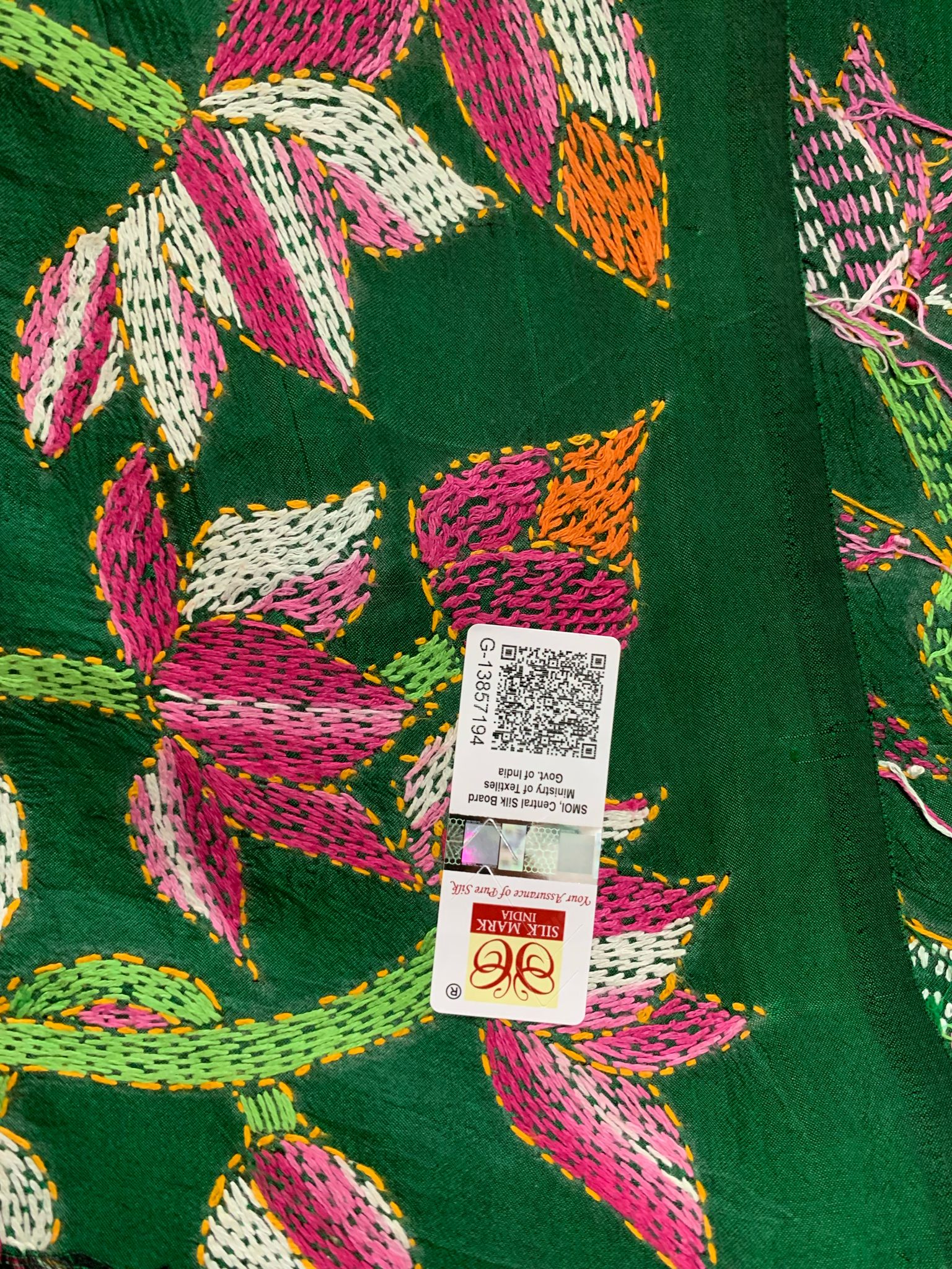 Emerald Green Kantha Hand Embroidery Silk Saree