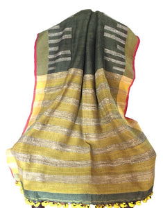 Olive Green Linen Saree with Kantha Embroidery