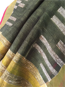 Olive Green Linen Saree with Kantha Embroidery