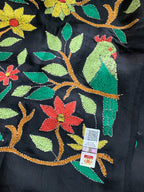Cocktail Party Black Kantha Hand Embroidery Silk Saree