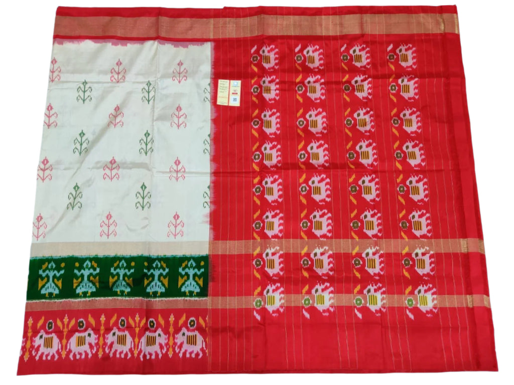 Off-White Pochampally Ikat Silk Saree with Double Border
