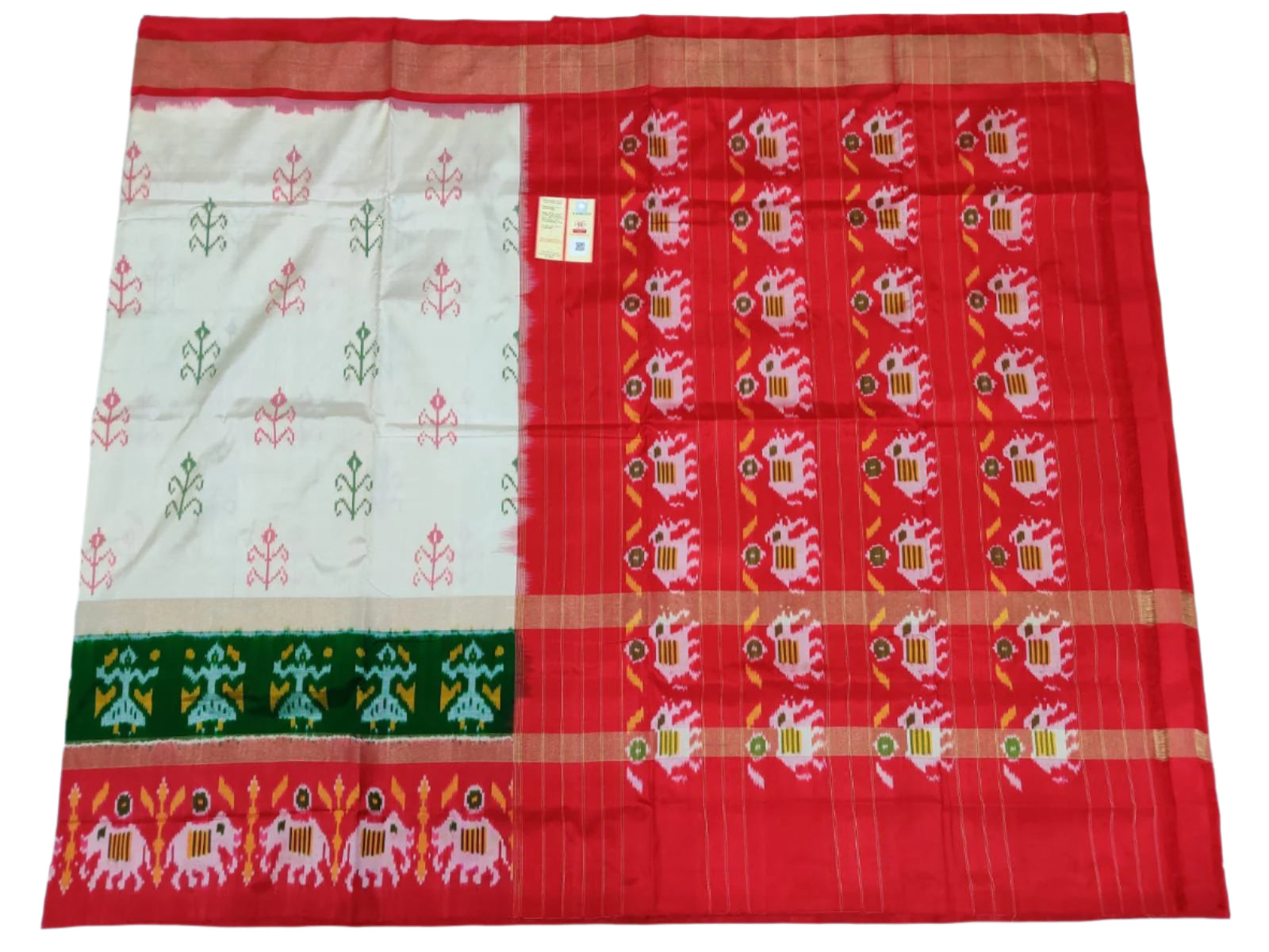 Off-White Pochampally Ikat Silk Saree with Double Border