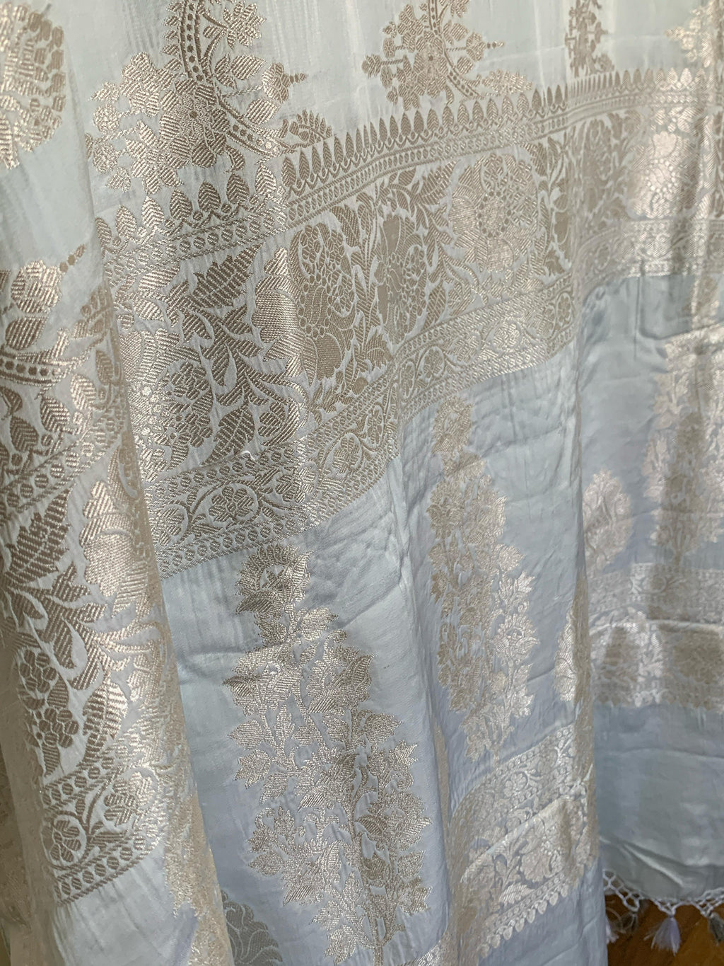 Pure Mashru Silk Saree in lovely Powder Blue with kaduva weave