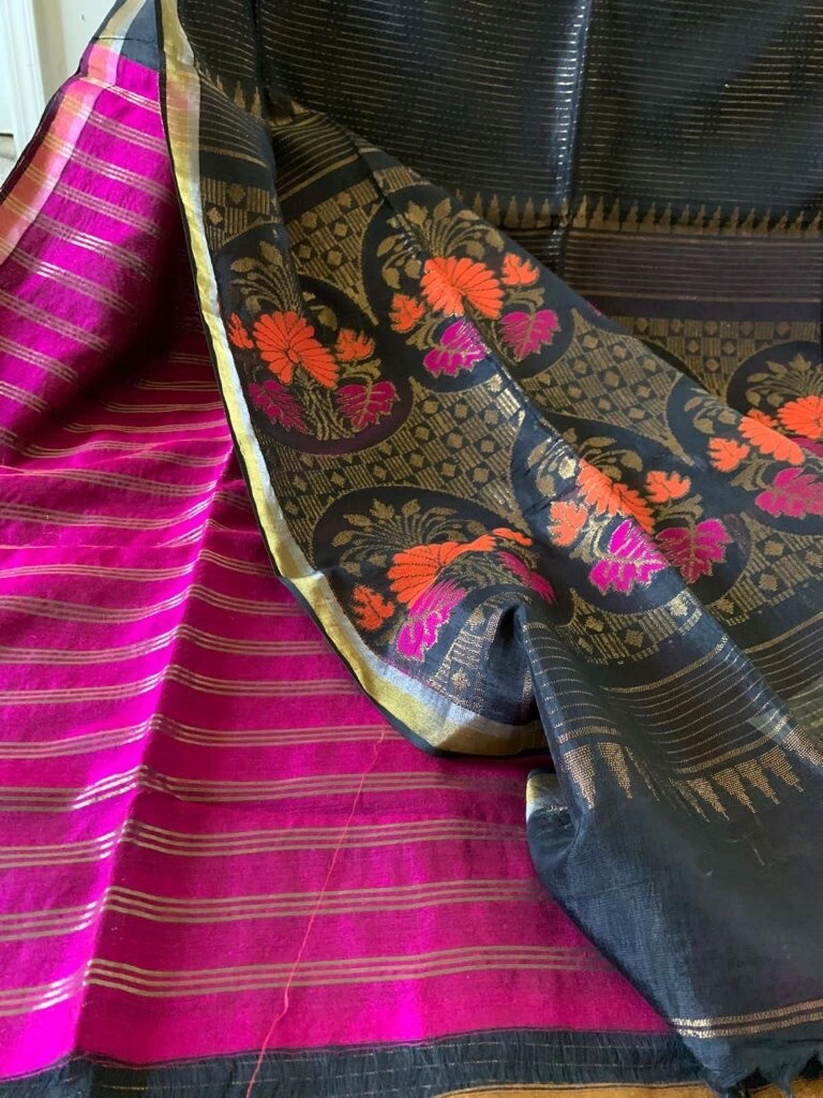 Black Zari Striped Handloom Cotton Silk Saree