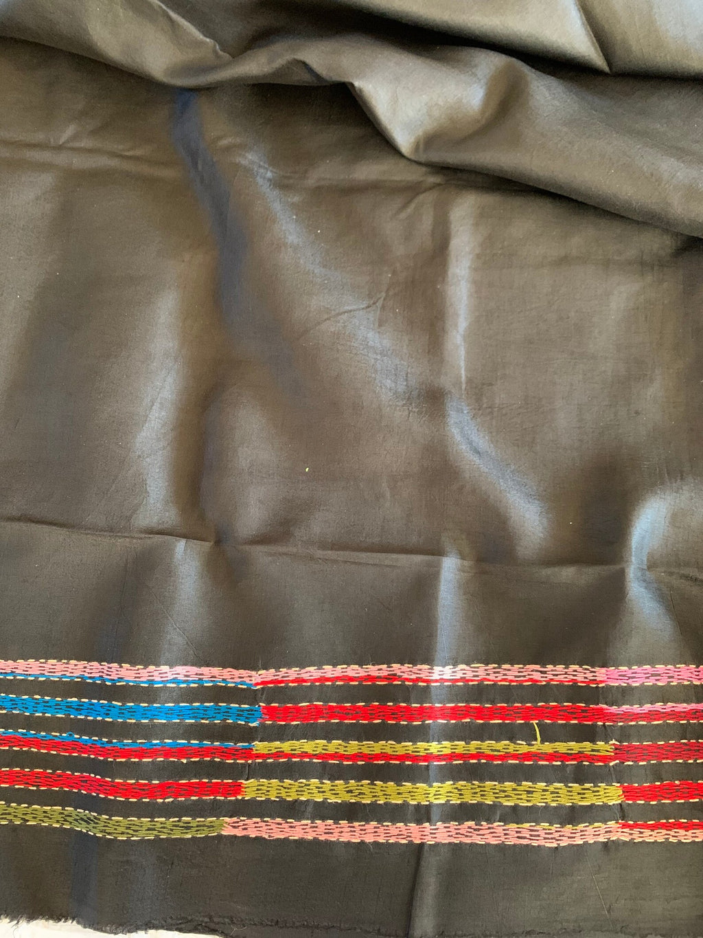 Black Kantha Hand Embroidery Silk Saree