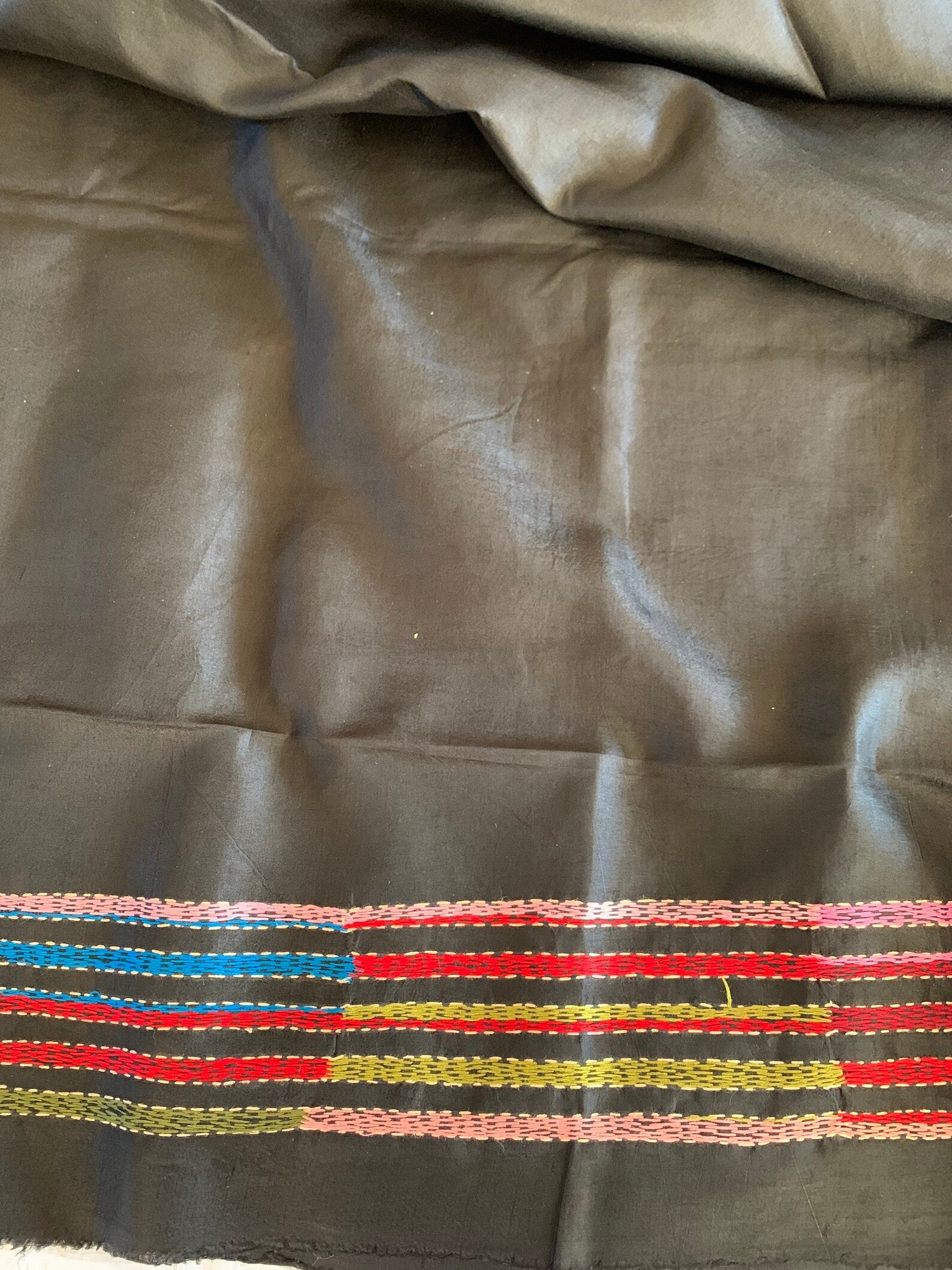 Black Kantha Hand Embroidery Silk Saree