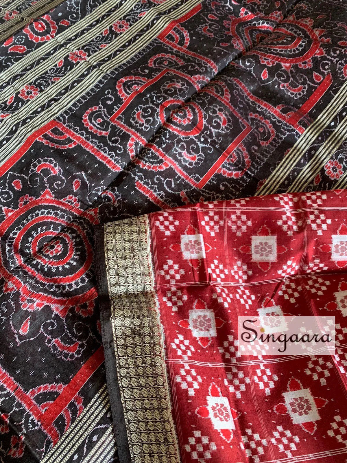 Red and Black Odisha Sambalpuri Pasapali Double Ikat Silk Saree
